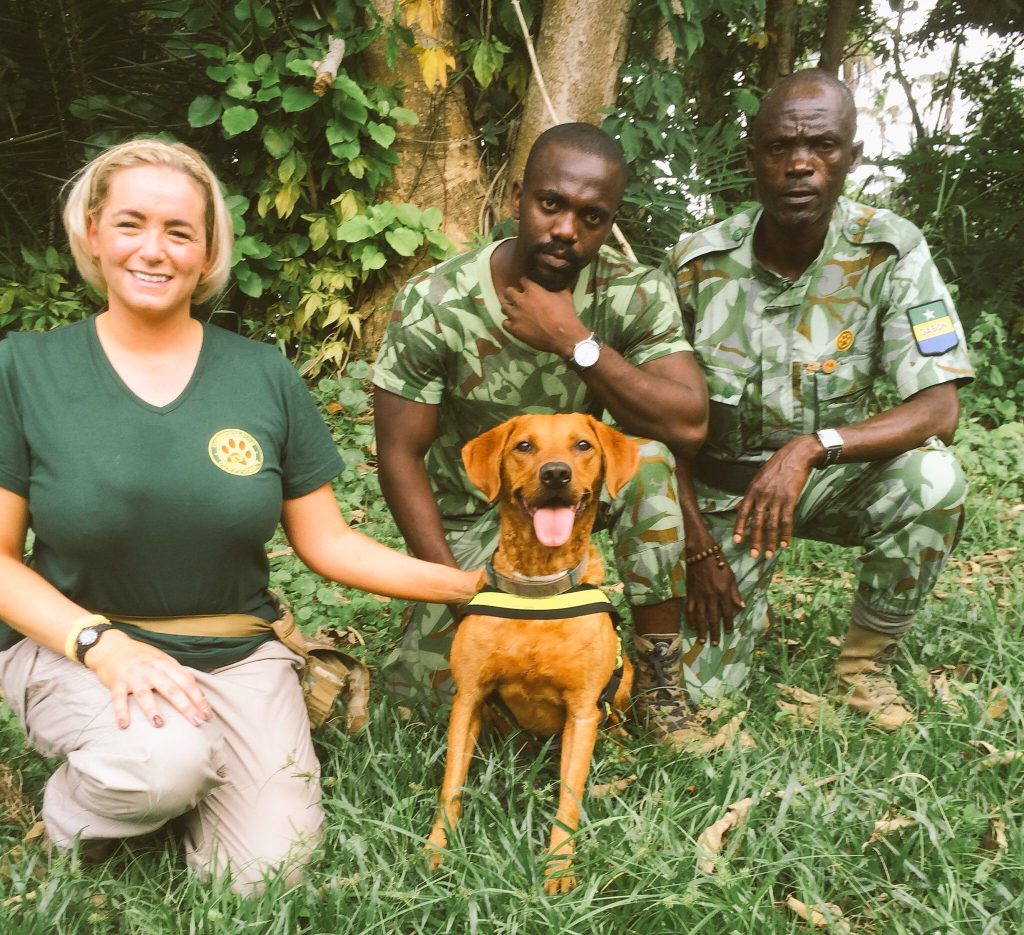 Louise Wilson with a detection dog and rangers in the field